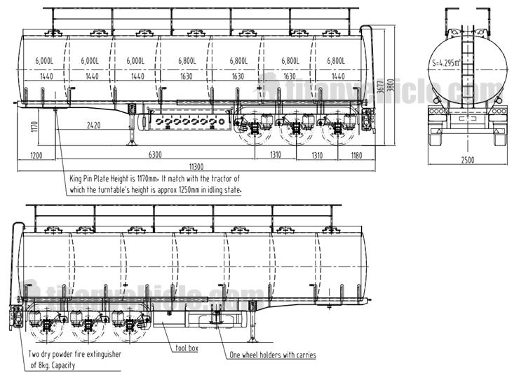 Drawing of 3 Axle 45200 Liters Oil Tanker Trailer with 7 Compartment